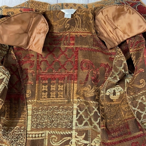 CJ Banks Tapestry Full Zip Burgundy Red Orange Brown Cream Floral Swirl Blazer - Picture 8 of 16